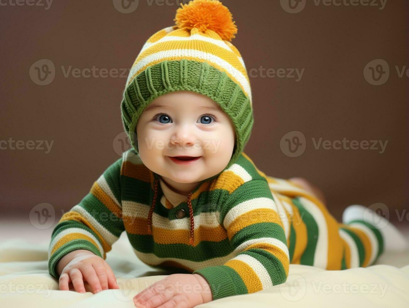 adorable bebé con vibrante ropa en un juguetón actitud ai generativo foto