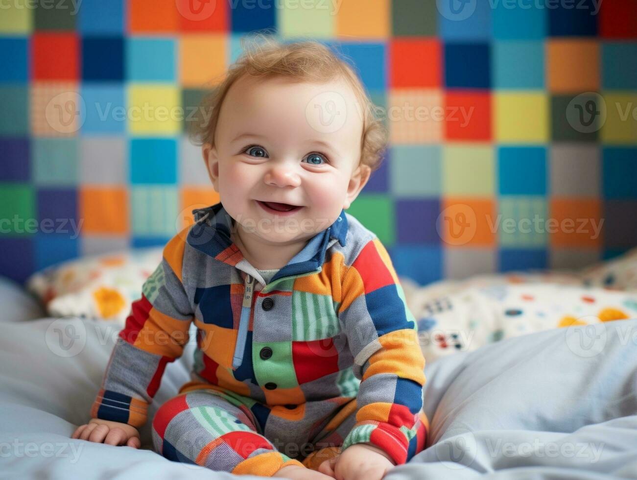 Adorable baby with vibrant clothing in a playful pose AI Generative photo