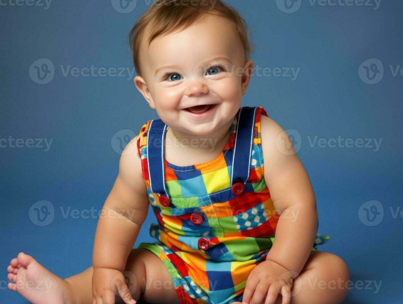 Adorable baby with vibrant clothing in a playful pose AI Generative photo