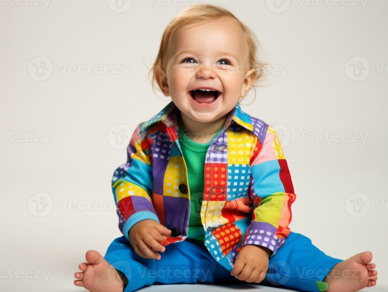 adorable bebé con vibrante ropa en un juguetón actitud ai generativo foto