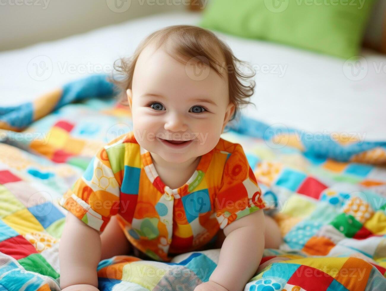 Adorable baby with vibrant clothing in a playful pose AI Generative photo