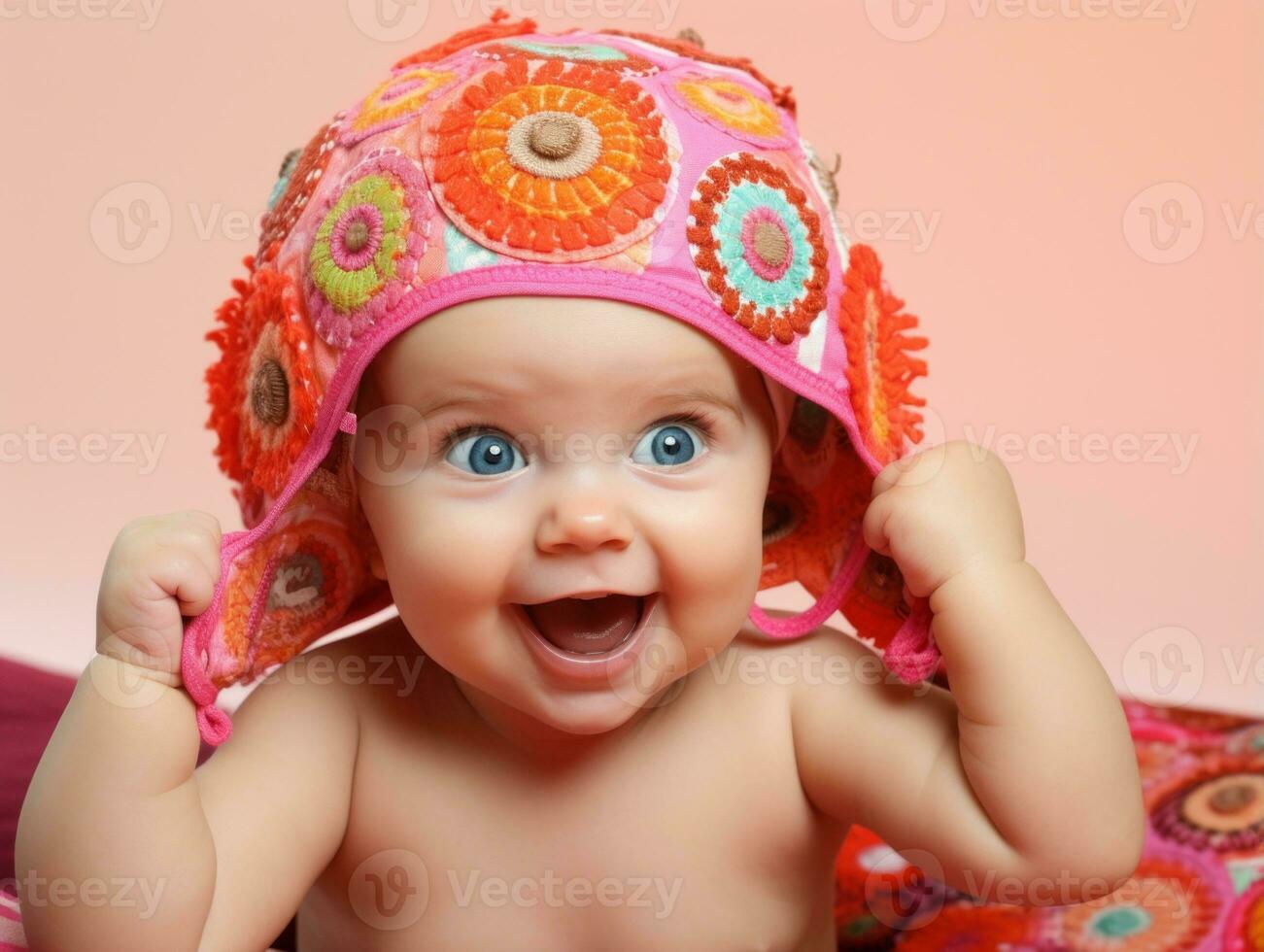 Adorable baby with vibrant clothing in a playful pose AI Generative photo