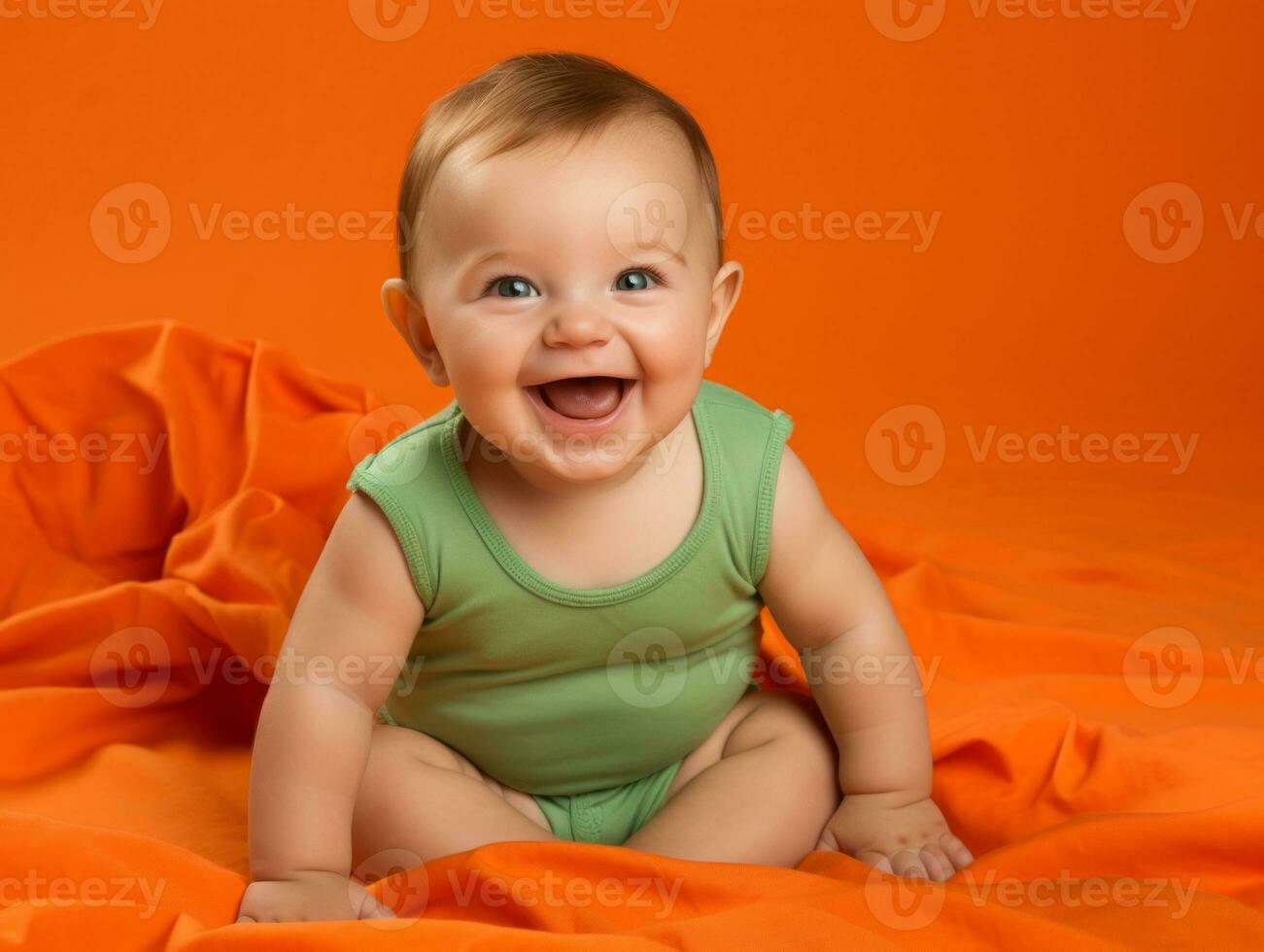 Adorable baby with vibrant clothing in a playful pose AI Generative photo