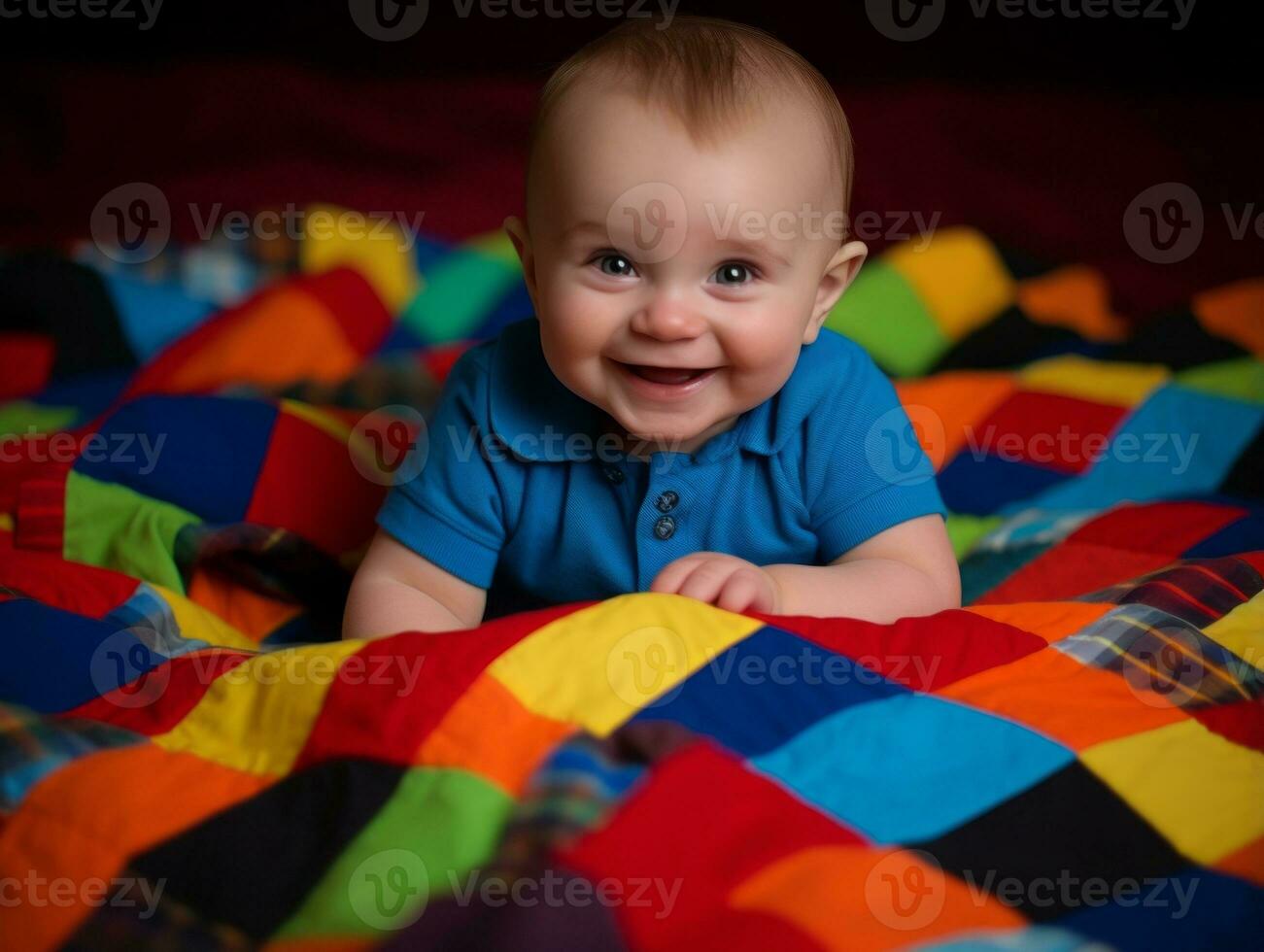 Adorable baby with vibrant clothing in a playful pose AI Generative photo