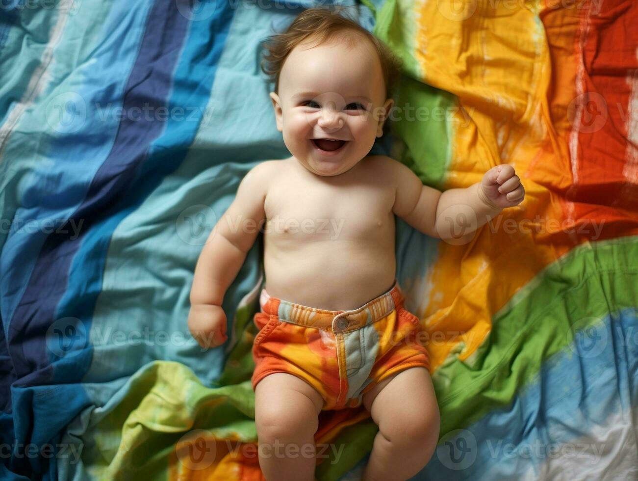 Adorable baby with vibrant clothing in a playful pose AI Generative photo