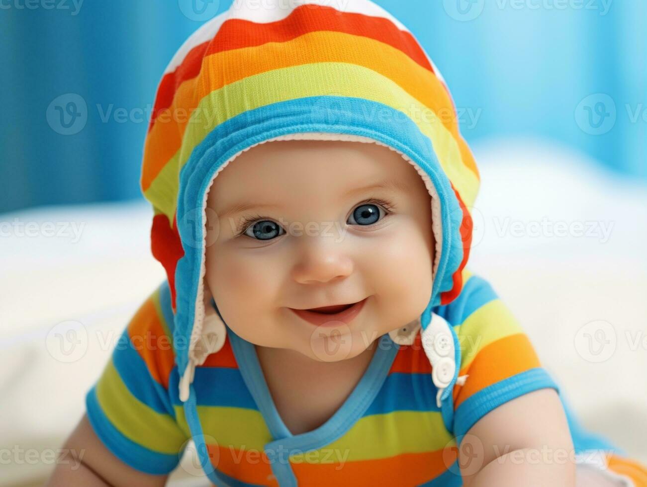 Adorable baby with vibrant clothing in a playful pose AI Generative photo