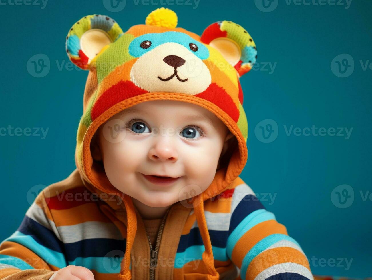 Adorable baby with vibrant clothing in a playful pose AI Generative photo