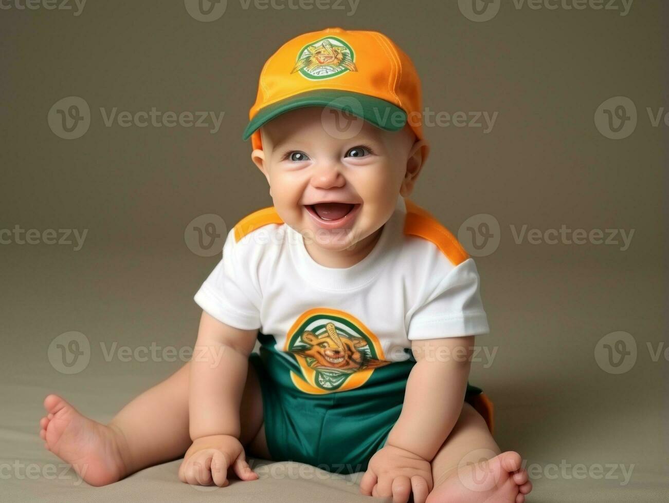Adorable baby with vibrant clothing in a playful pose AI Generative photo