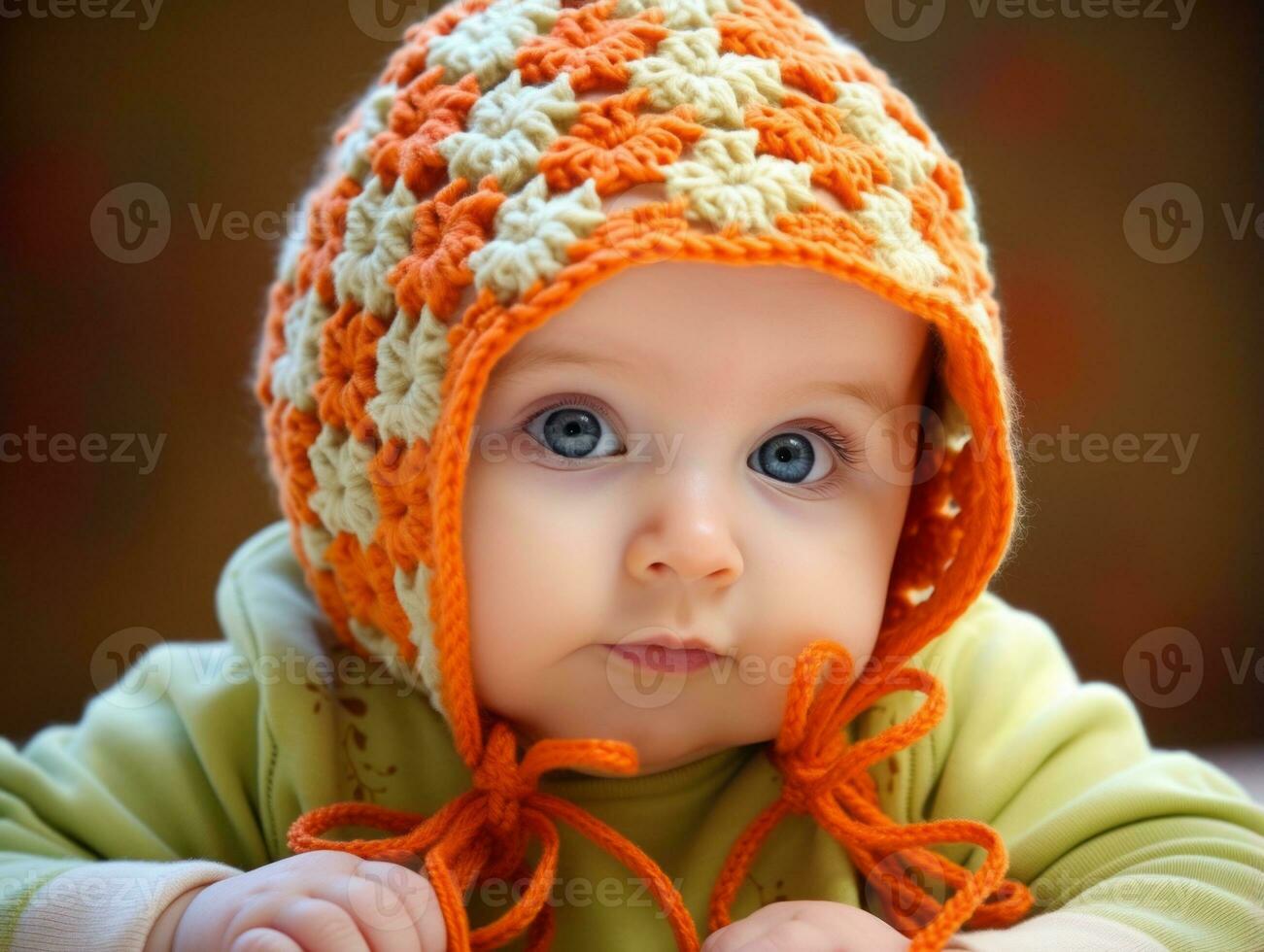 Adorable baby with vibrant clothing in a playful pose AI Generative photo