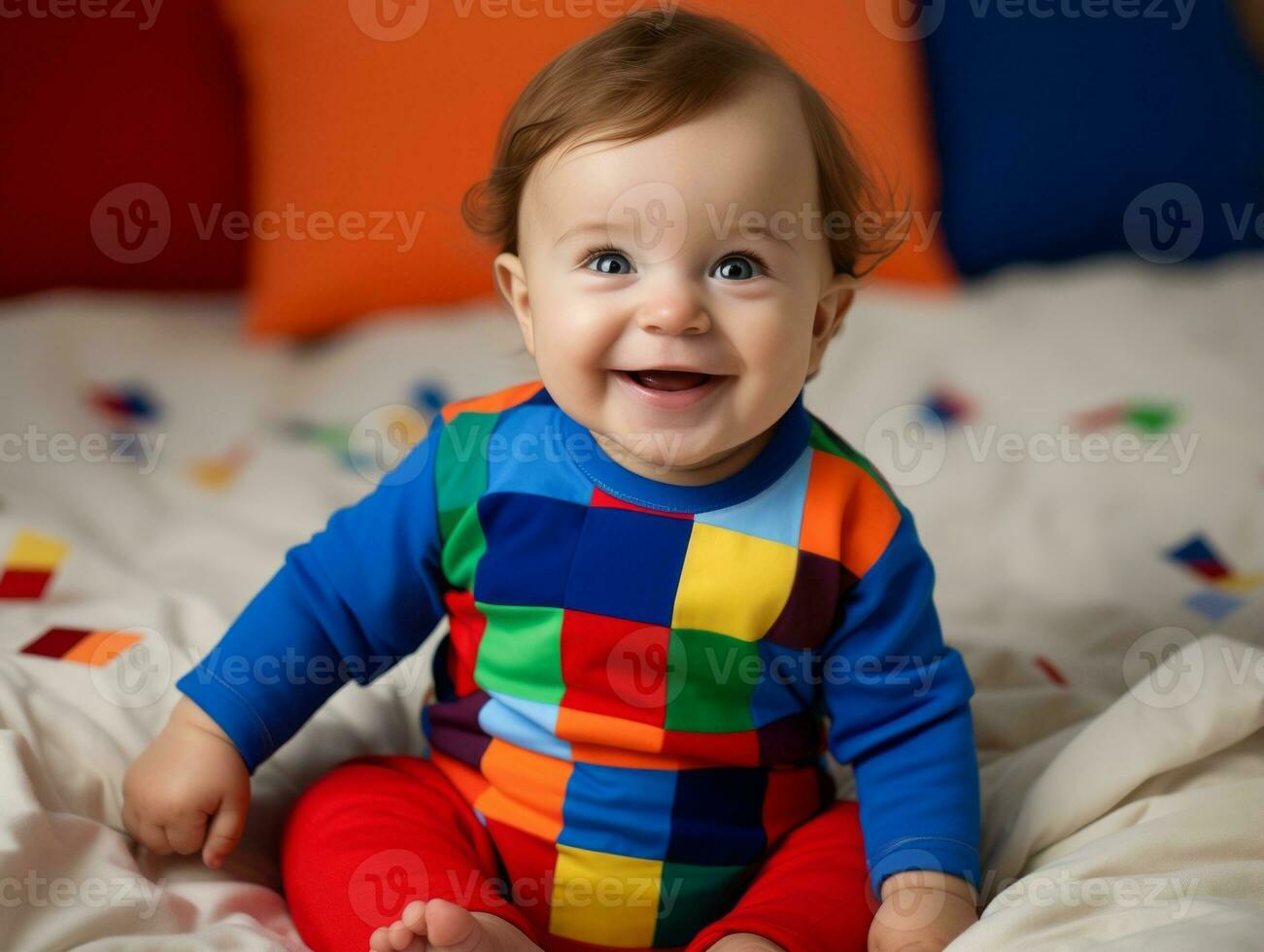 Adorable baby with vibrant clothing in a playful pose AI Generative photo