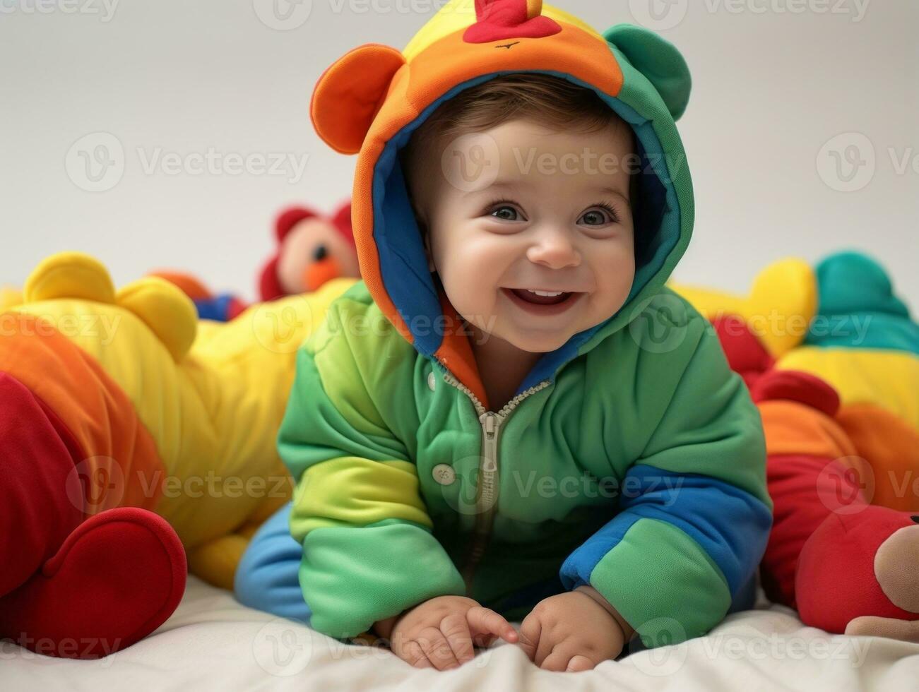 adorable bebé con vibrante ropa en un juguetón actitud ai generativo foto