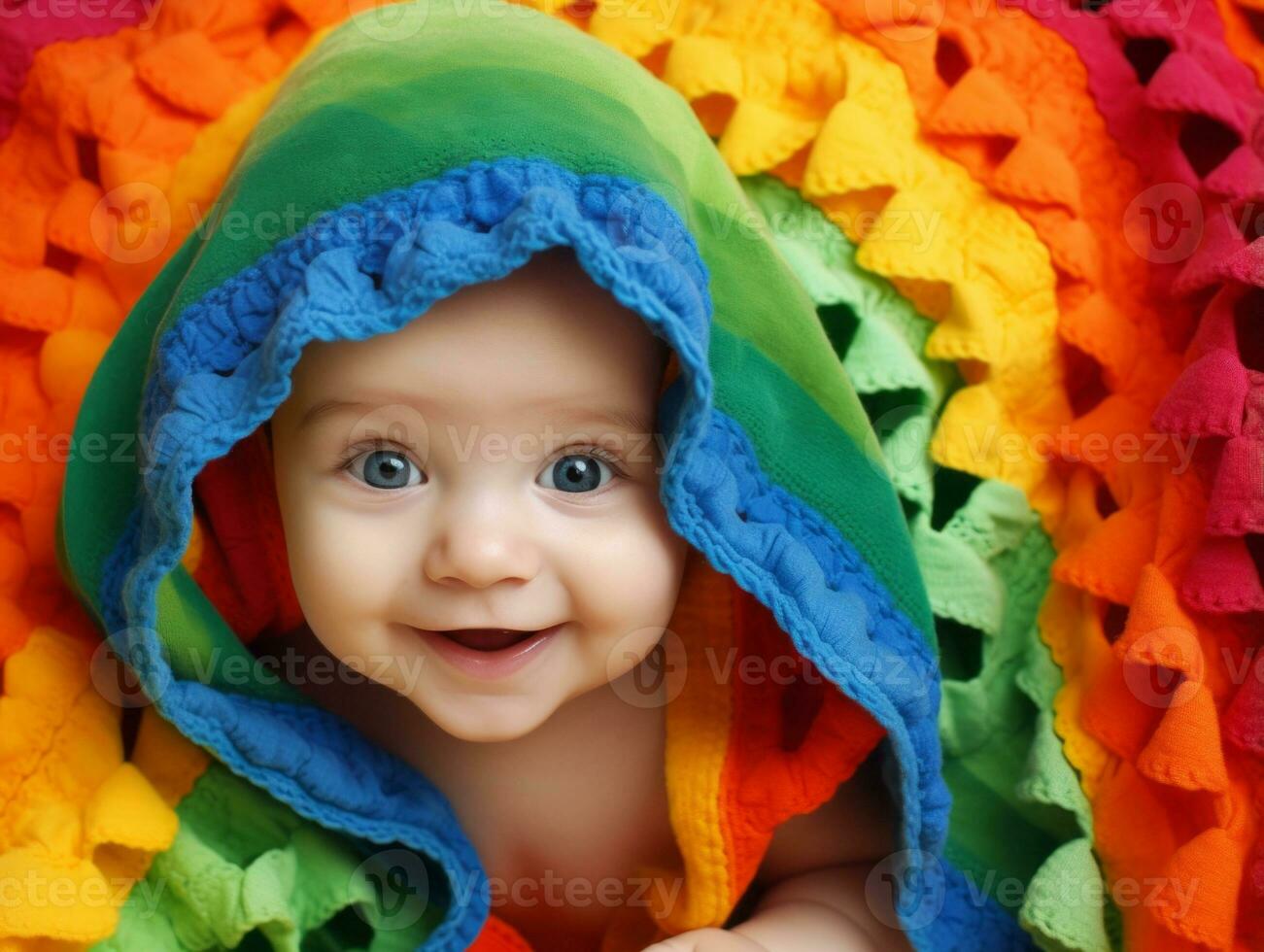 Adorable baby with vibrant clothing in a playful pose AI Generative photo