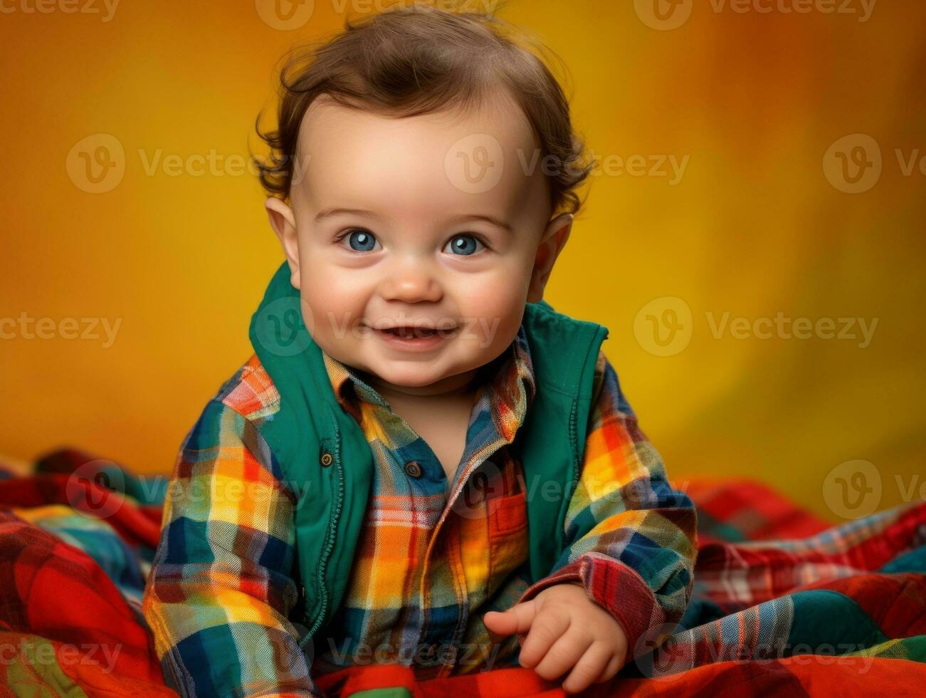 Adorable baby with vibrant clothing in a playful pose AI Generative photo
