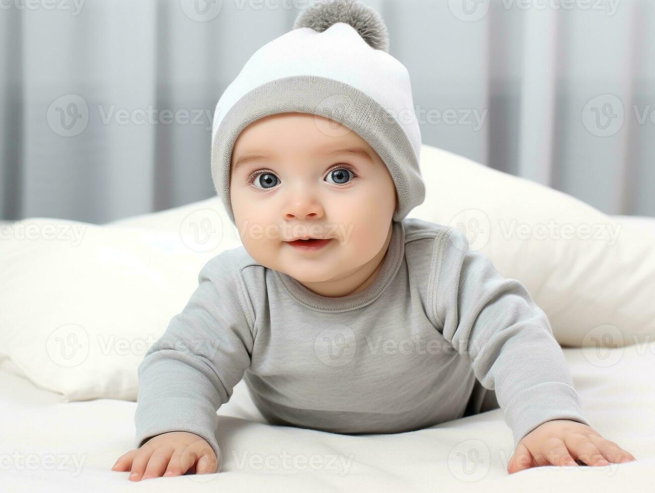 Adorable baby with vibrant clothing in a playful pose AI Generative photo