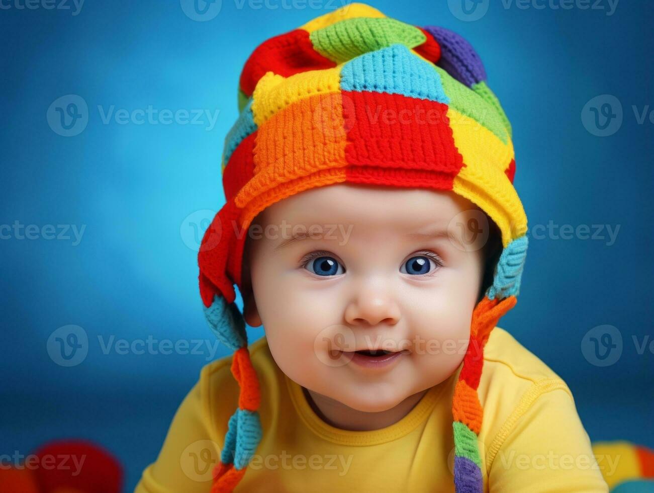 Adorable baby with vibrant clothing in a playful pose AI Generative photo
