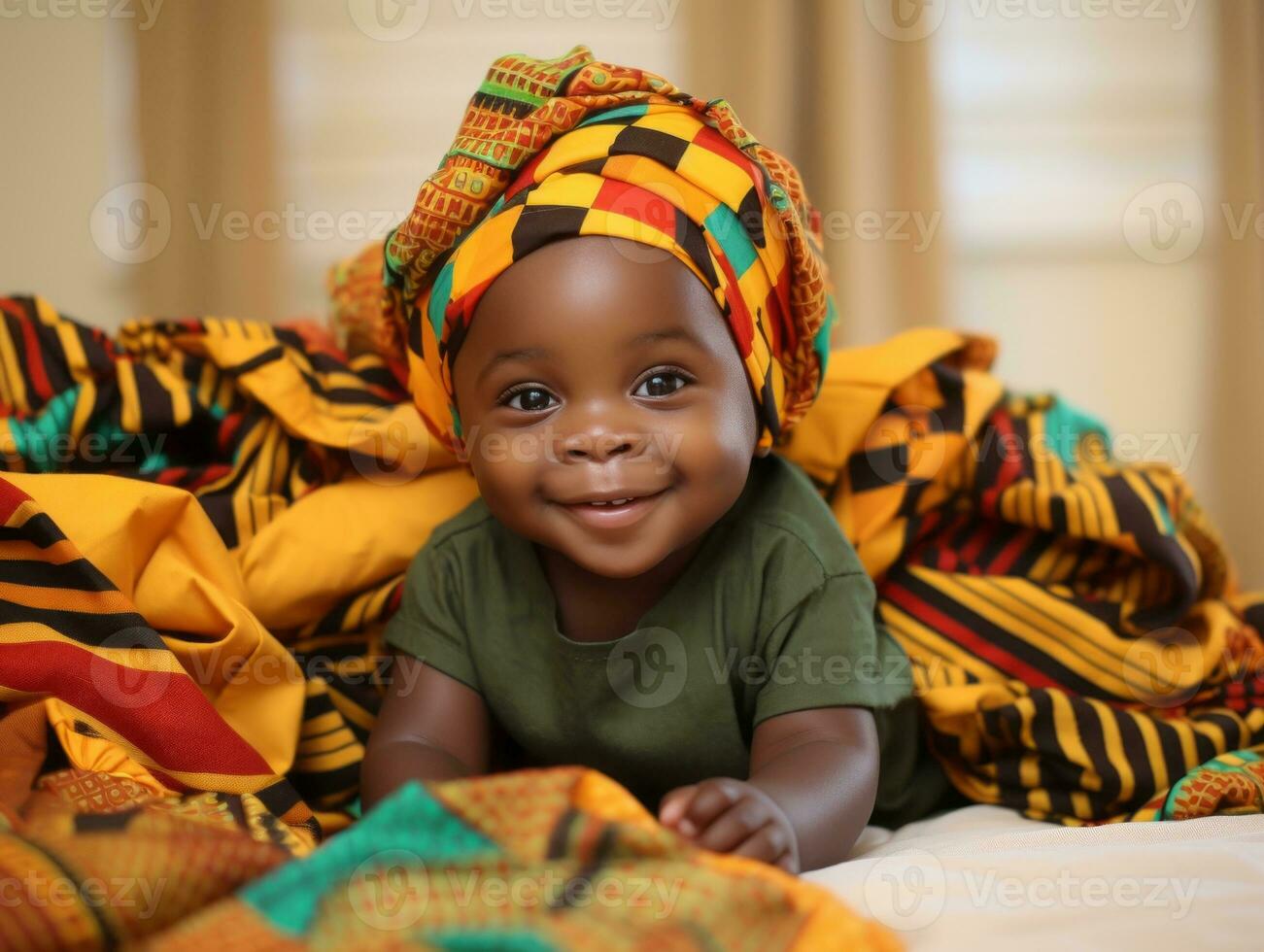 Adorable baby with vibrant clothing in a playful pose AI Generative photo