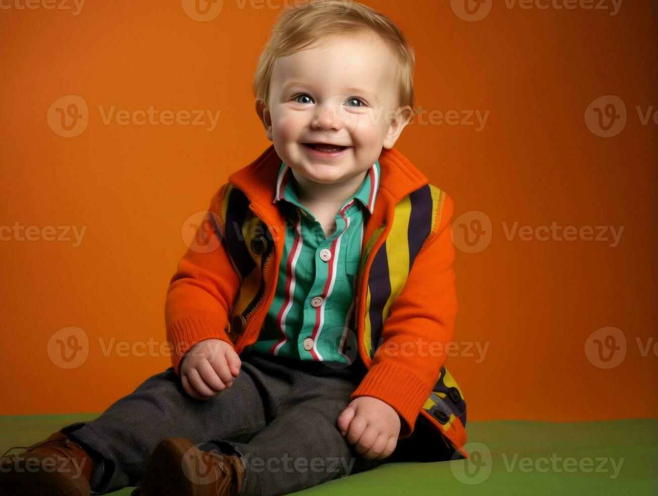 Adorable baby with vibrant clothing in a playful pose AI Generative photo