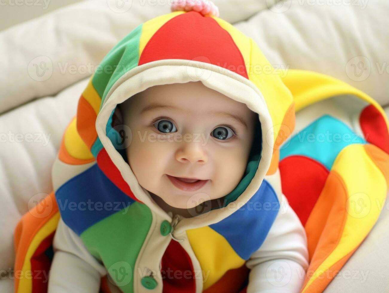 Adorable baby with vibrant clothing in a playful pose AI Generative photo