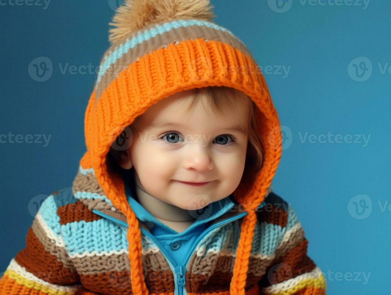 adorable bebé con vibrante ropa en un juguetón actitud ai generativo foto