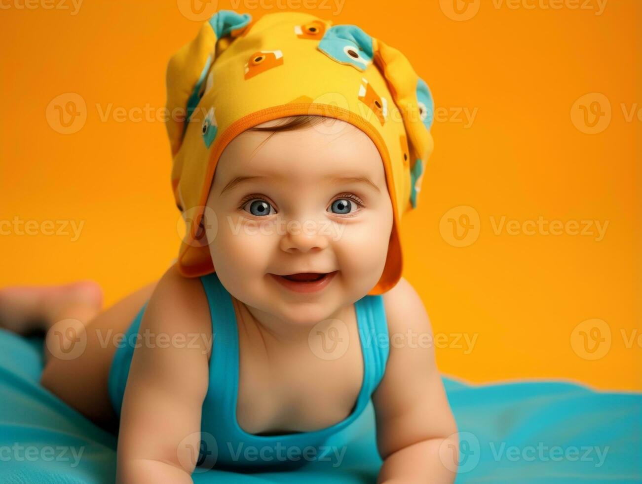 Adorable baby with vibrant clothing in a playful pose AI Generative photo