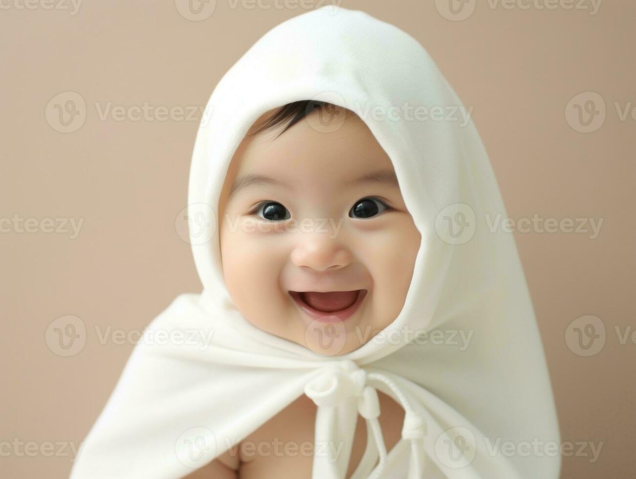 Adorable baby with vibrant clothing in a playful pose AI Generative photo