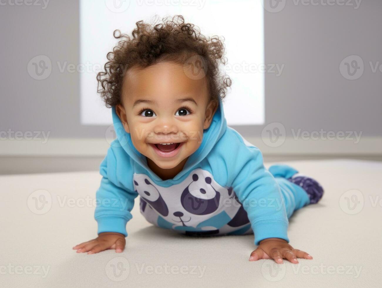 adorable bebé con vibrante ropa en un juguetón actitud ai generativo foto