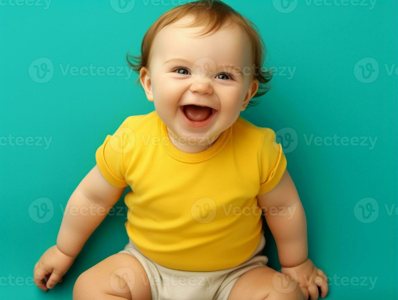 Adorable baby with vibrant clothing in a playful pose AI Generative photo