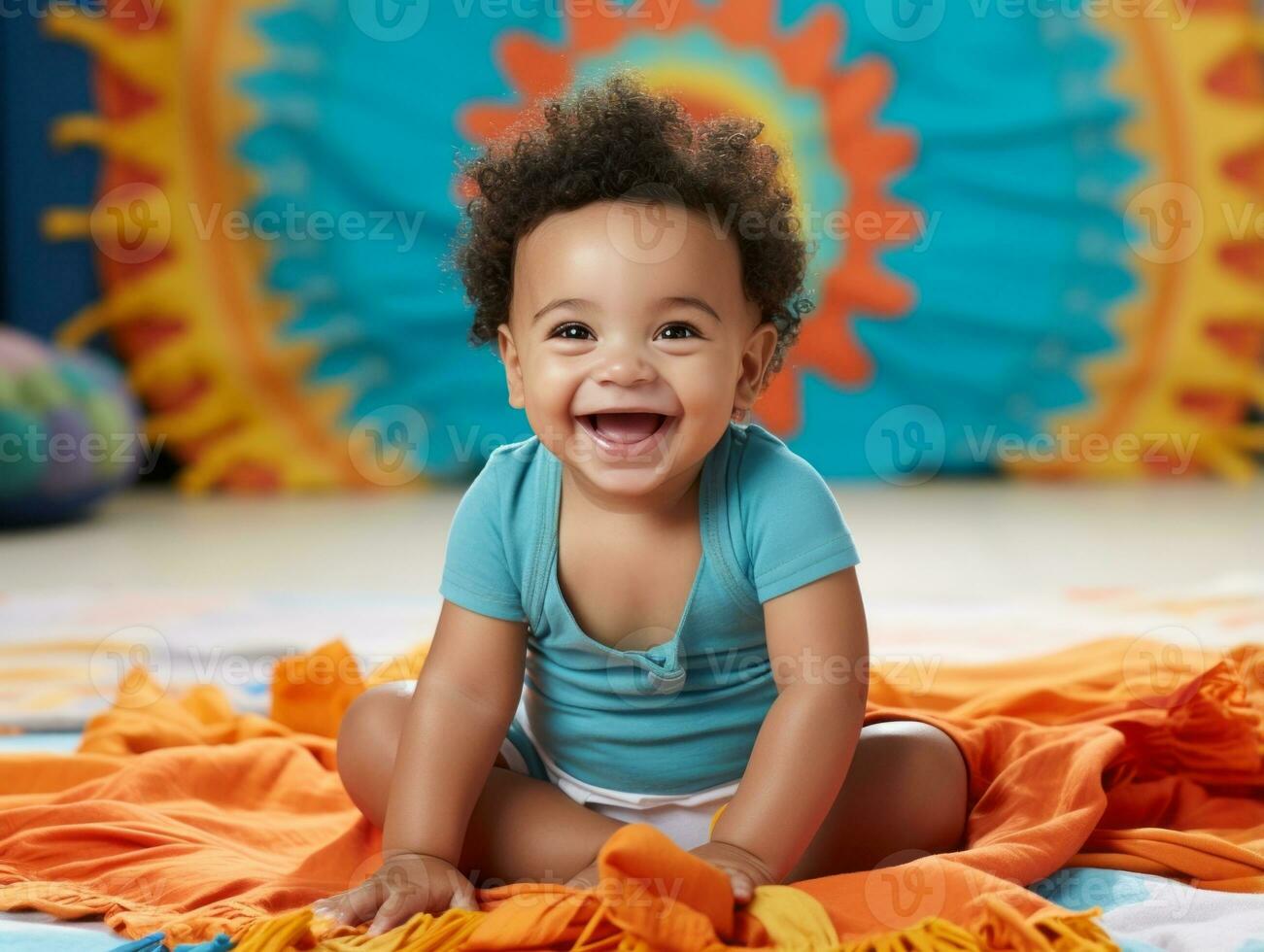 Adorable baby with vibrant clothing in a playful pose AI Generative photo