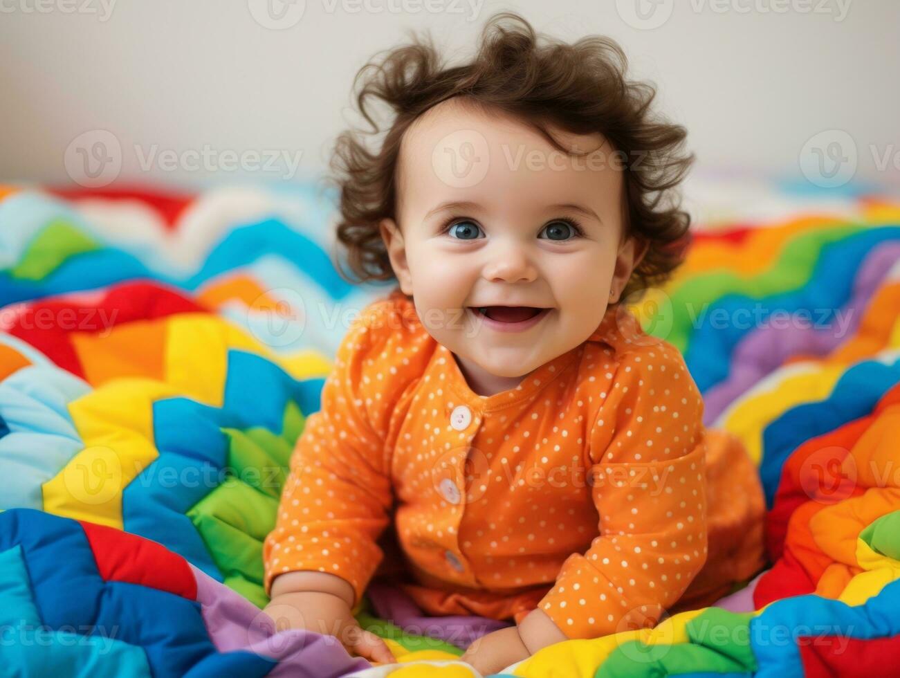 Adorable baby with vibrant clothing in a playful pose AI Generative photo