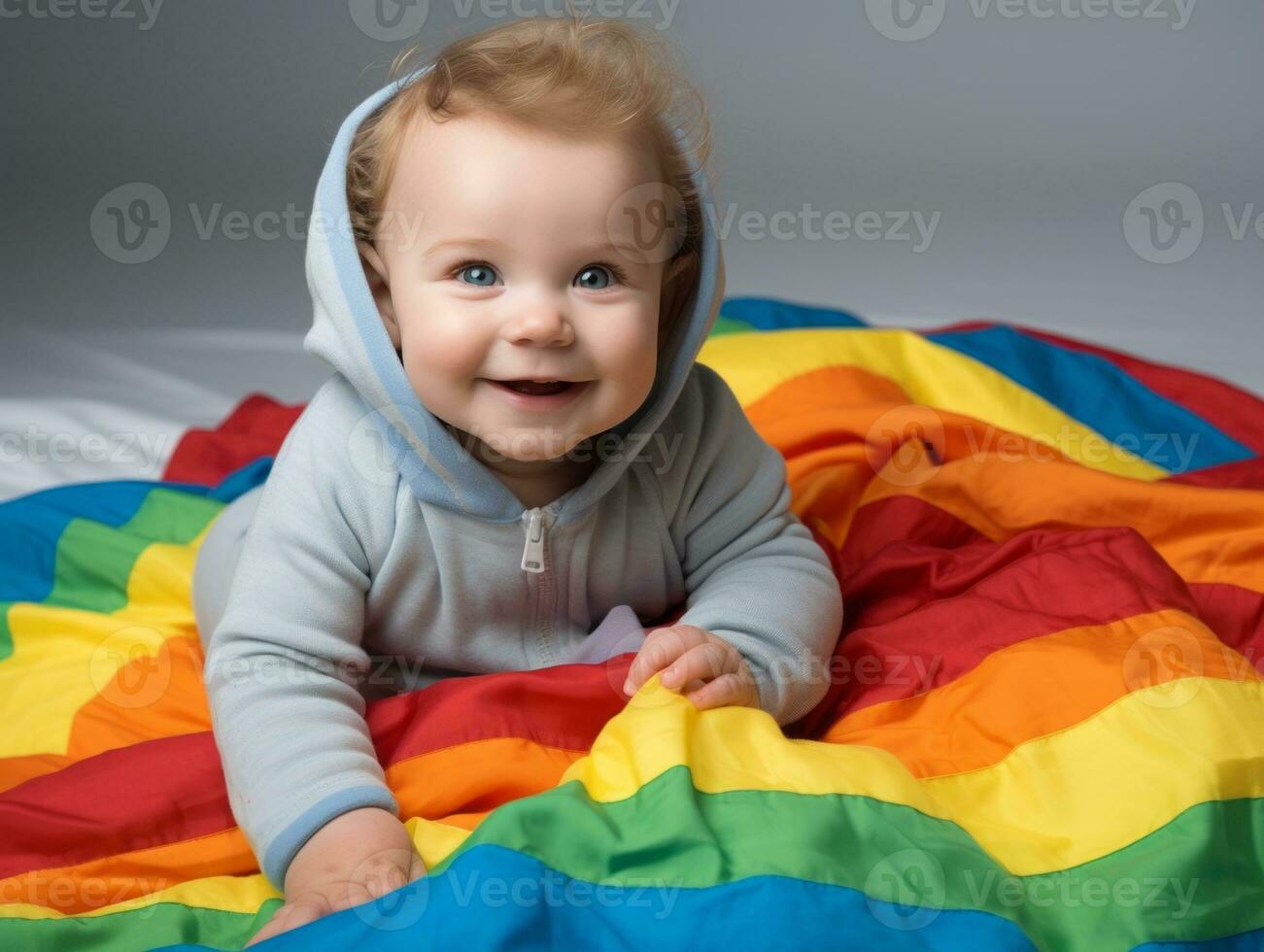 Adorable baby with vibrant clothing in a playful pose AI Generative photo