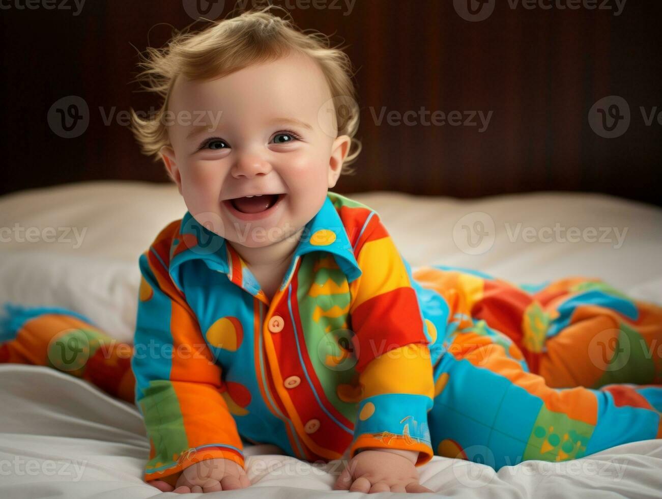 Adorable baby with vibrant clothing in a playful pose AI Generative photo