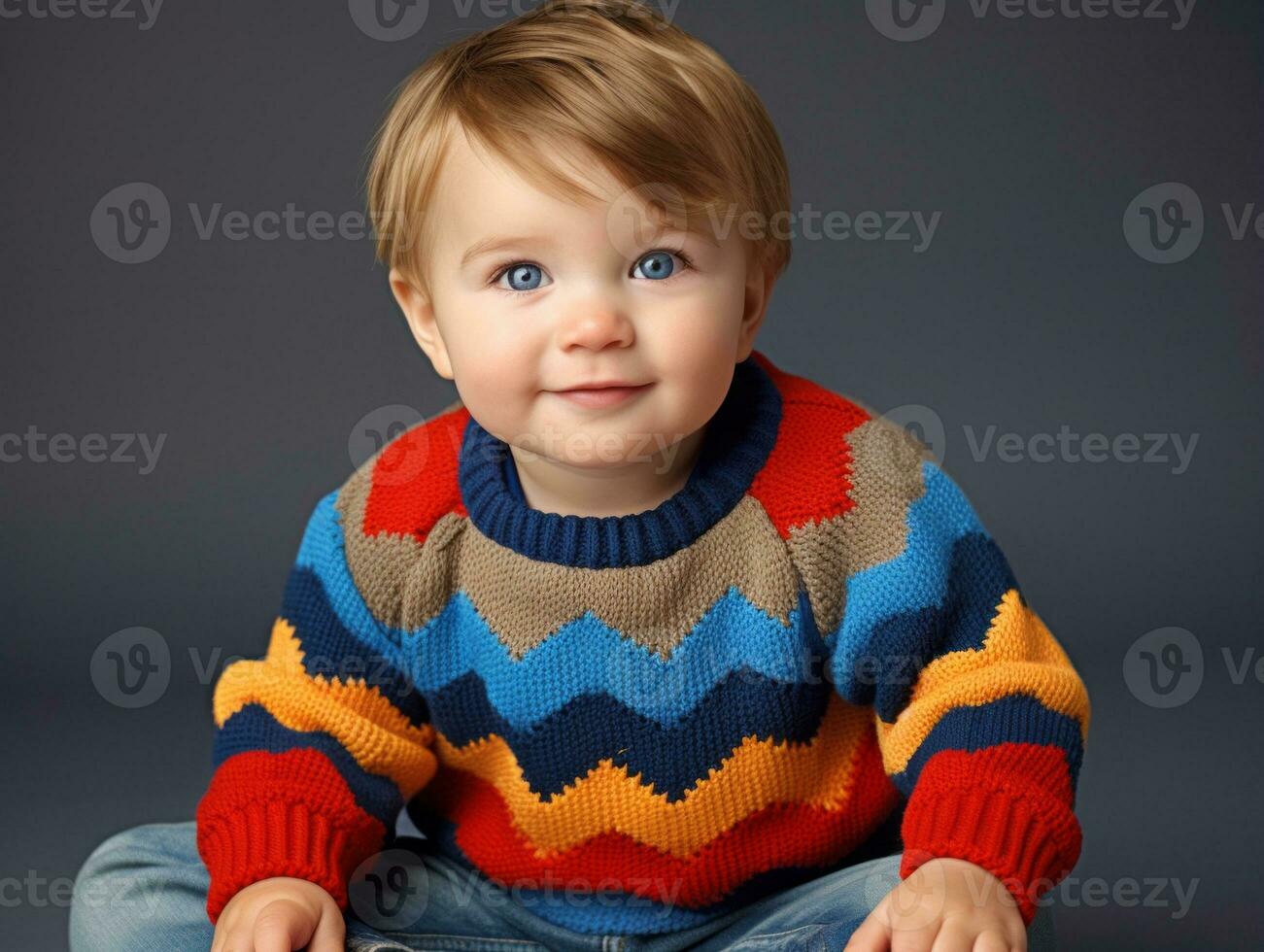 Adorable baby with vibrant clothing in a playful pose AI Generative photo