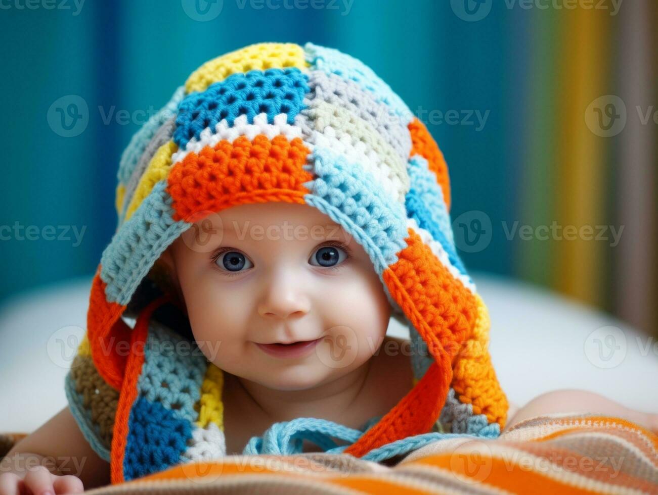 Adorable baby with vibrant clothing in a playful pose AI Generative photo