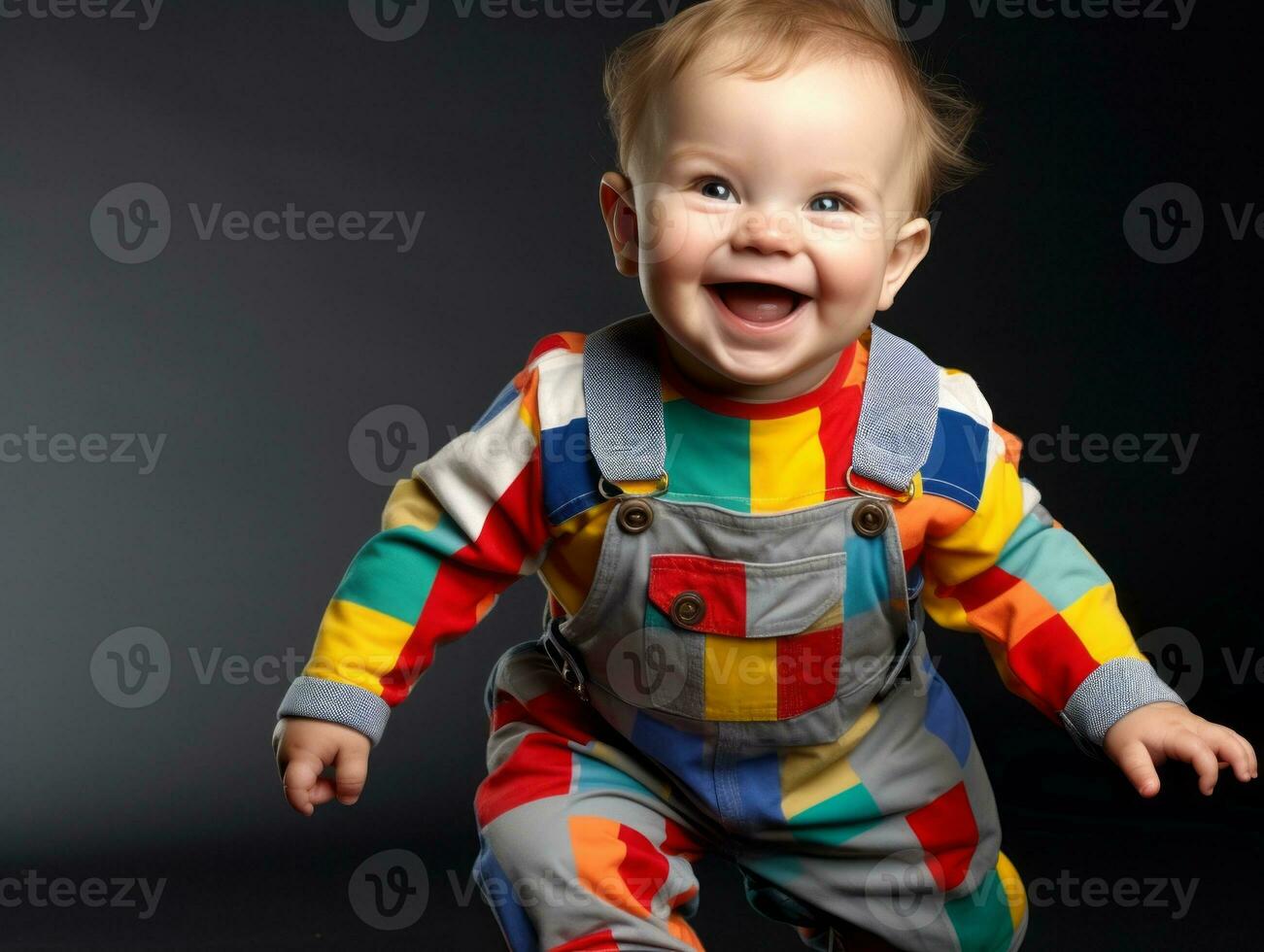 adorable bebé con vibrante ropa en un juguetón actitud ai generativo foto