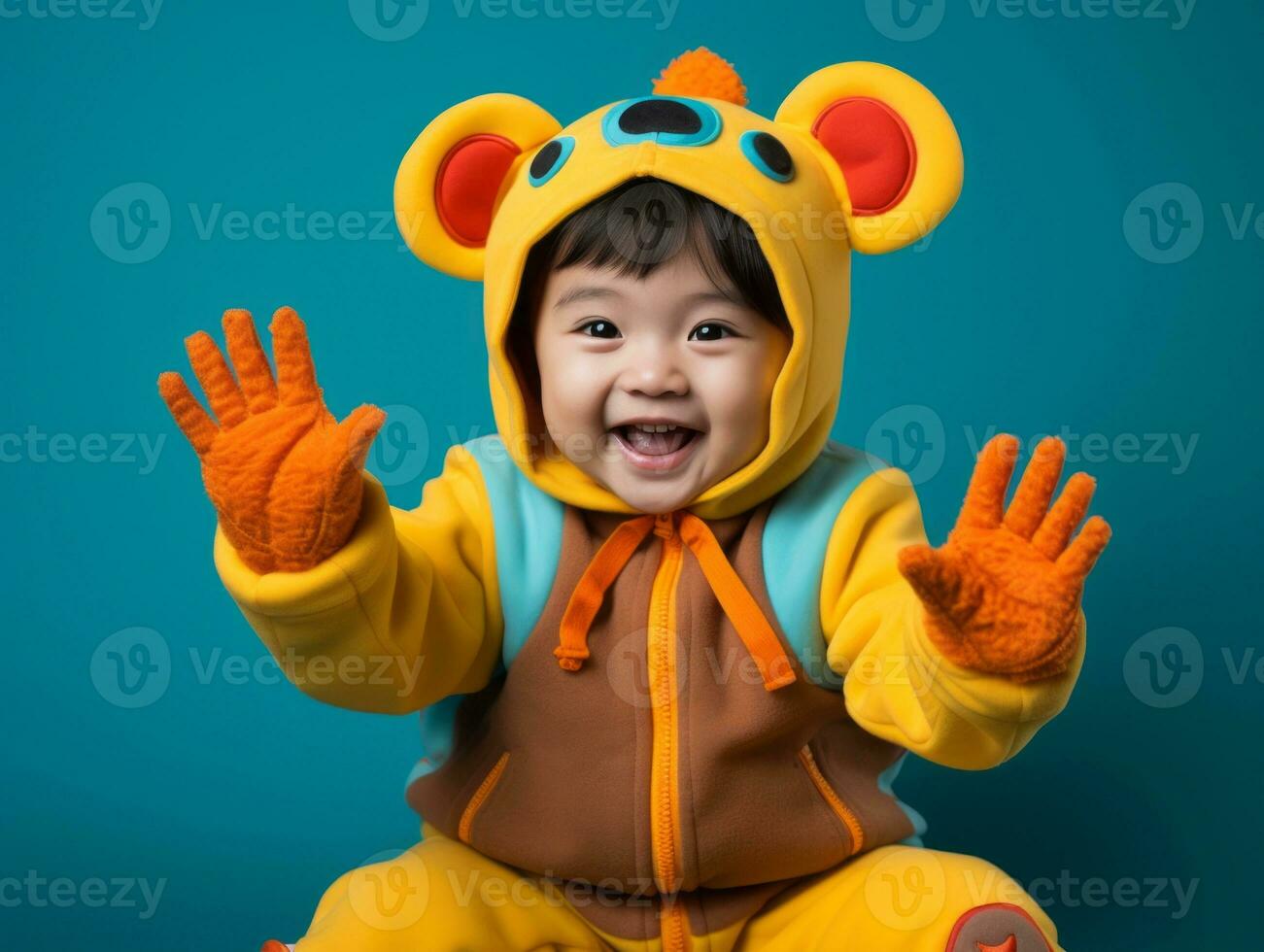 Adorable baby with vibrant clothing in a playful pose AI Generative photo