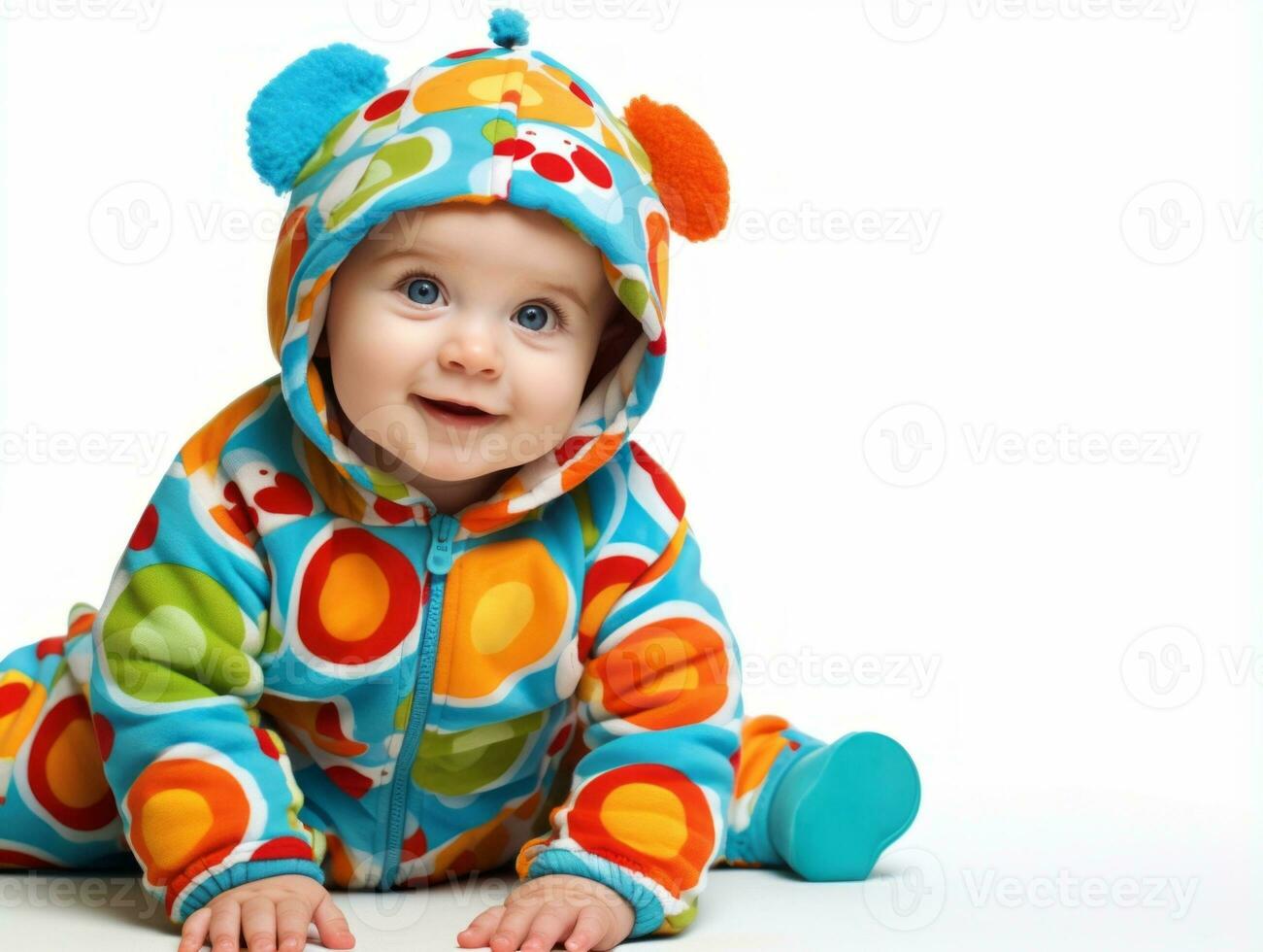 Adorable baby with vibrant clothing in a playful pose AI Generative photo