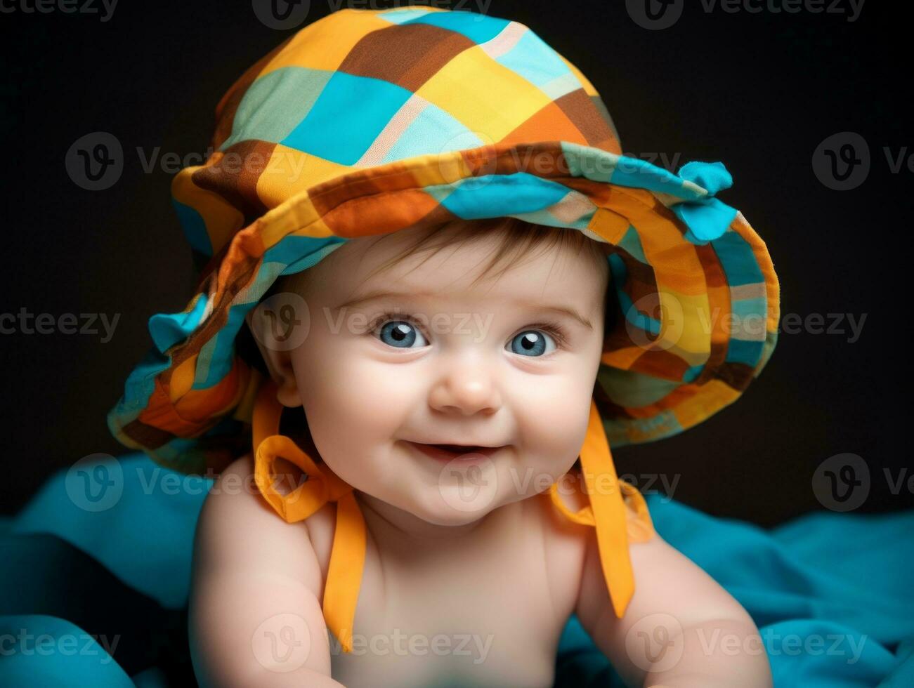 Adorable baby with vibrant clothing in a playful pose AI Generative photo