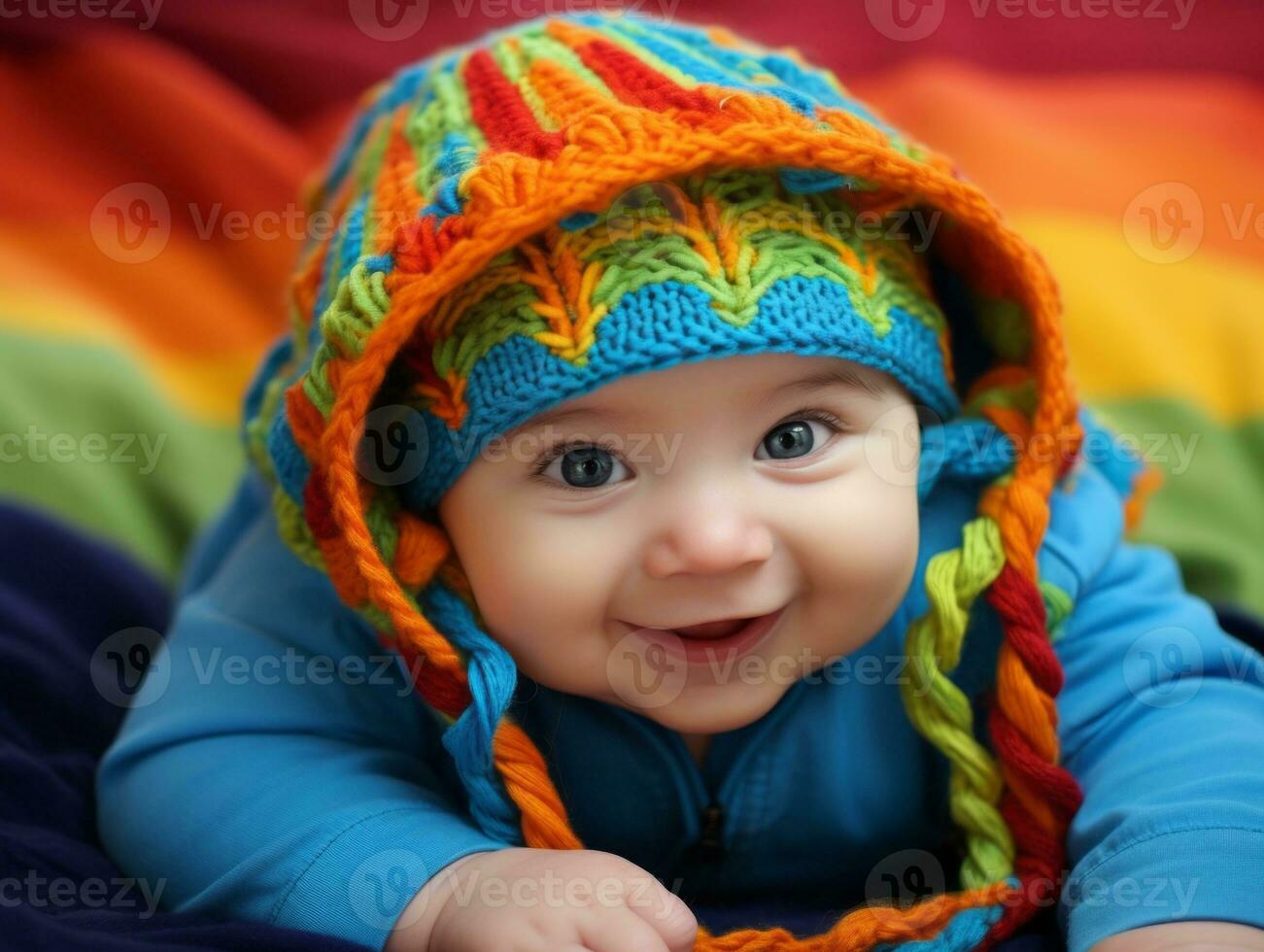 Adorable baby with vibrant clothing in a playful pose AI Generative photo