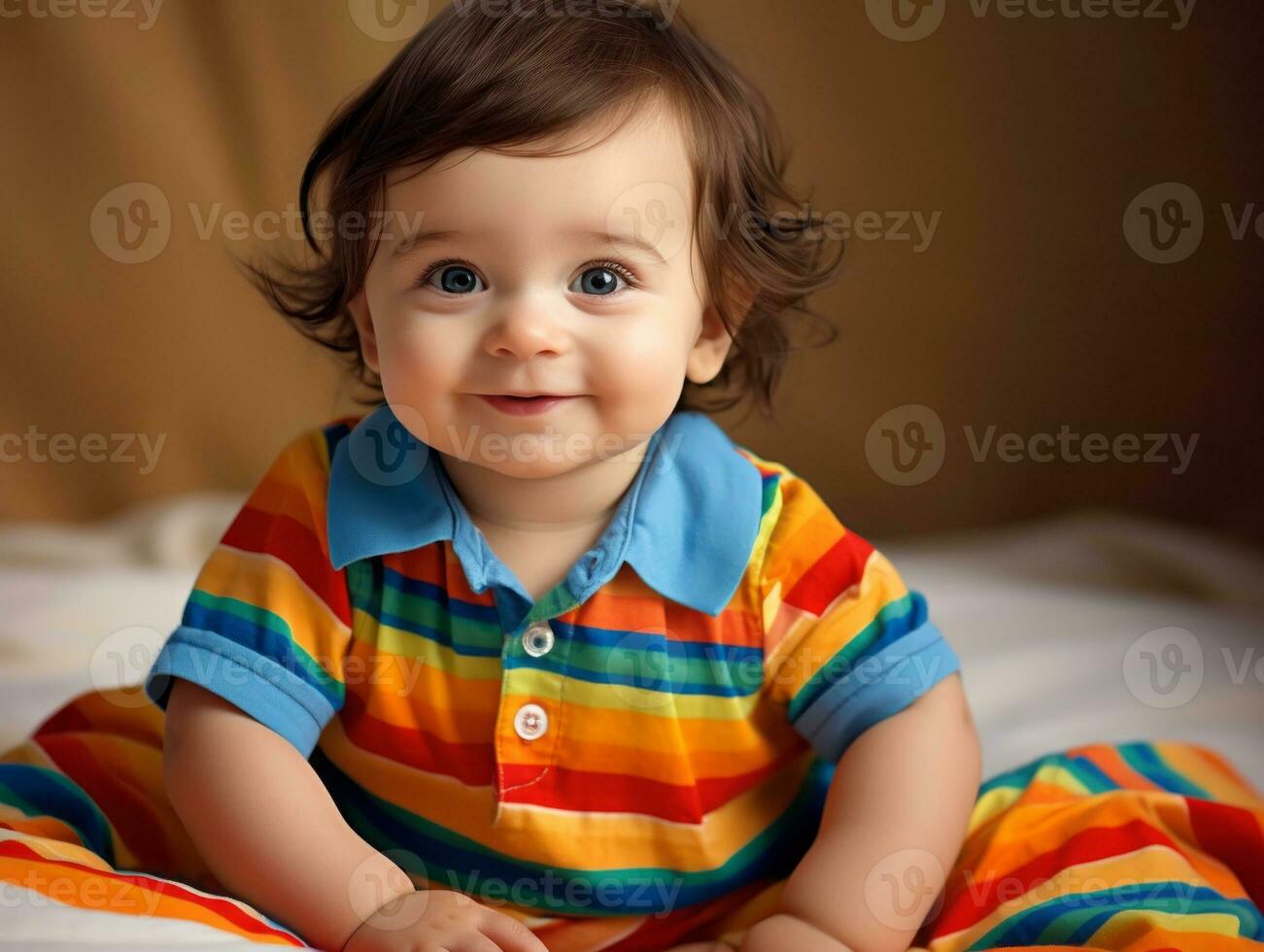 Adorable baby with vibrant clothing in a playful pose AI Generative photo