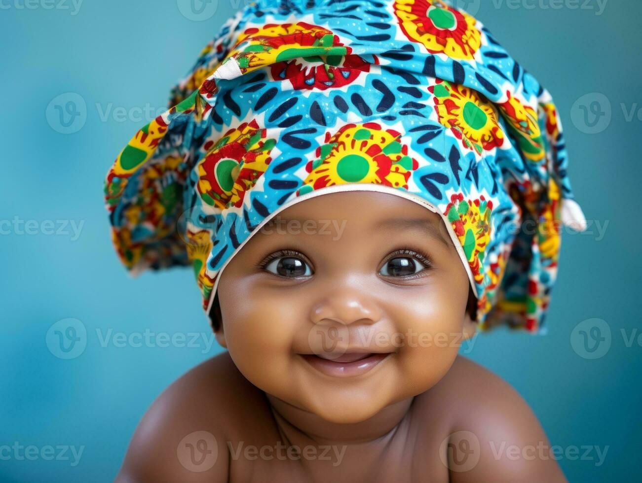 Adorable baby with vibrant clothing in a playful pose AI Generative photo