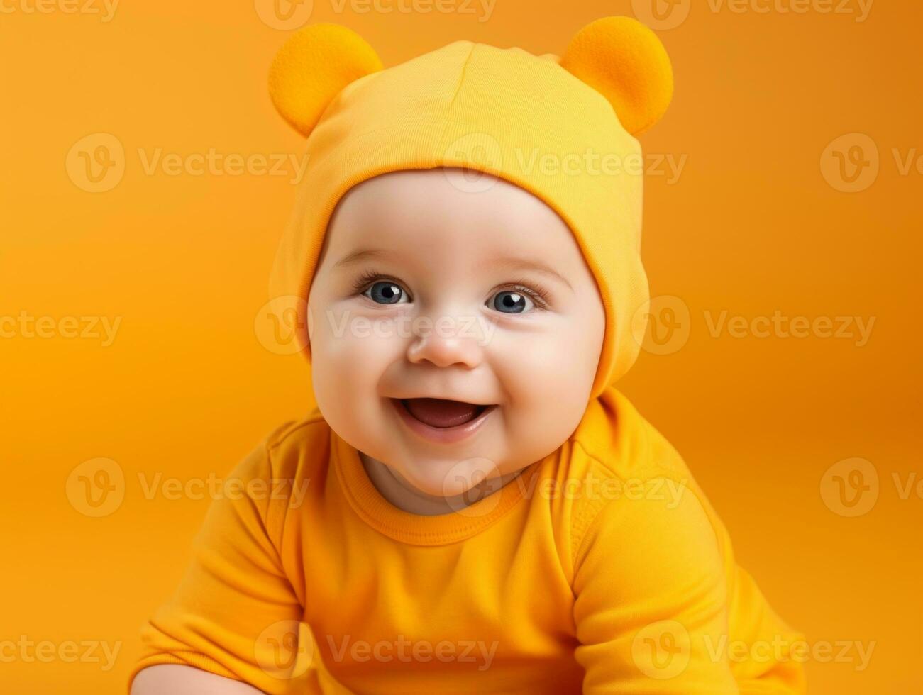 Adorable baby with vibrant clothing in a playful pose AI Generative photo
