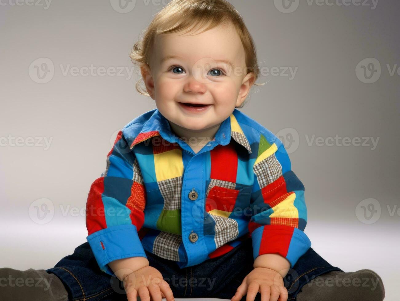 Adorable baby with vibrant clothing in a playful pose AI Generative photo