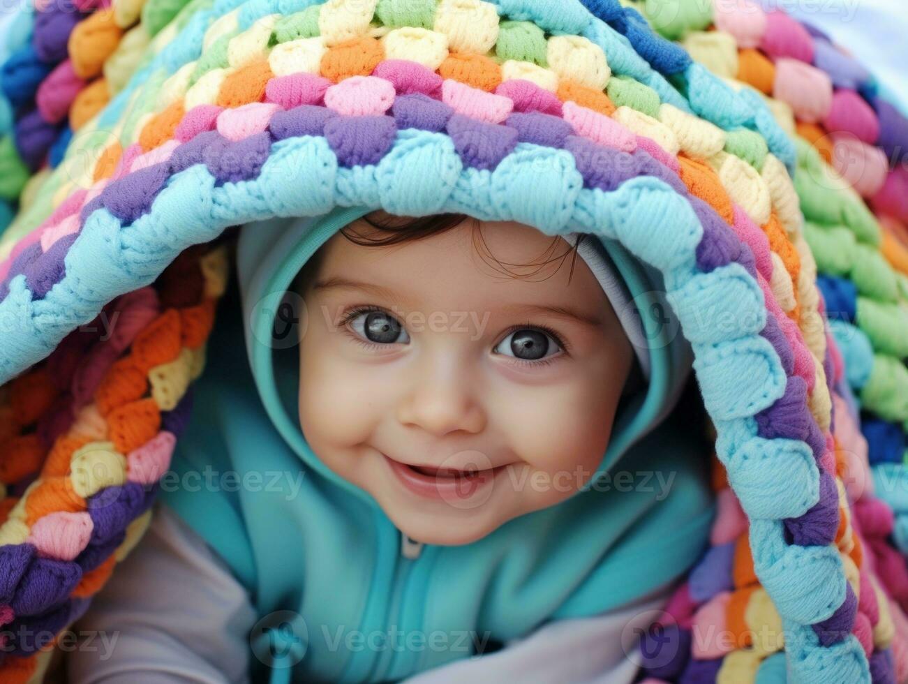 Adorable baby with vibrant clothing in a playful pose AI Generative photo