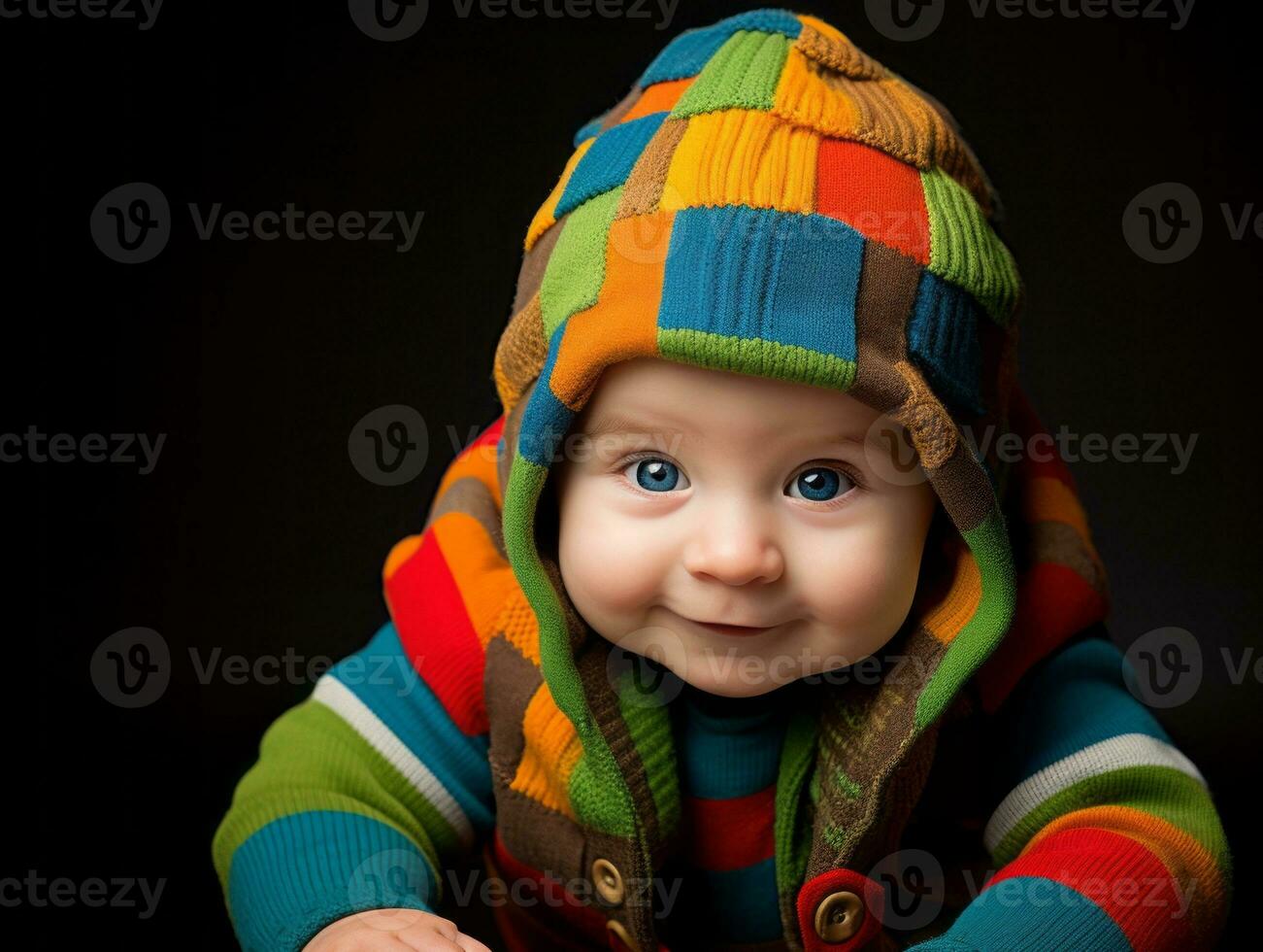 Adorable baby with vibrant clothing in a playful pose AI Generative photo