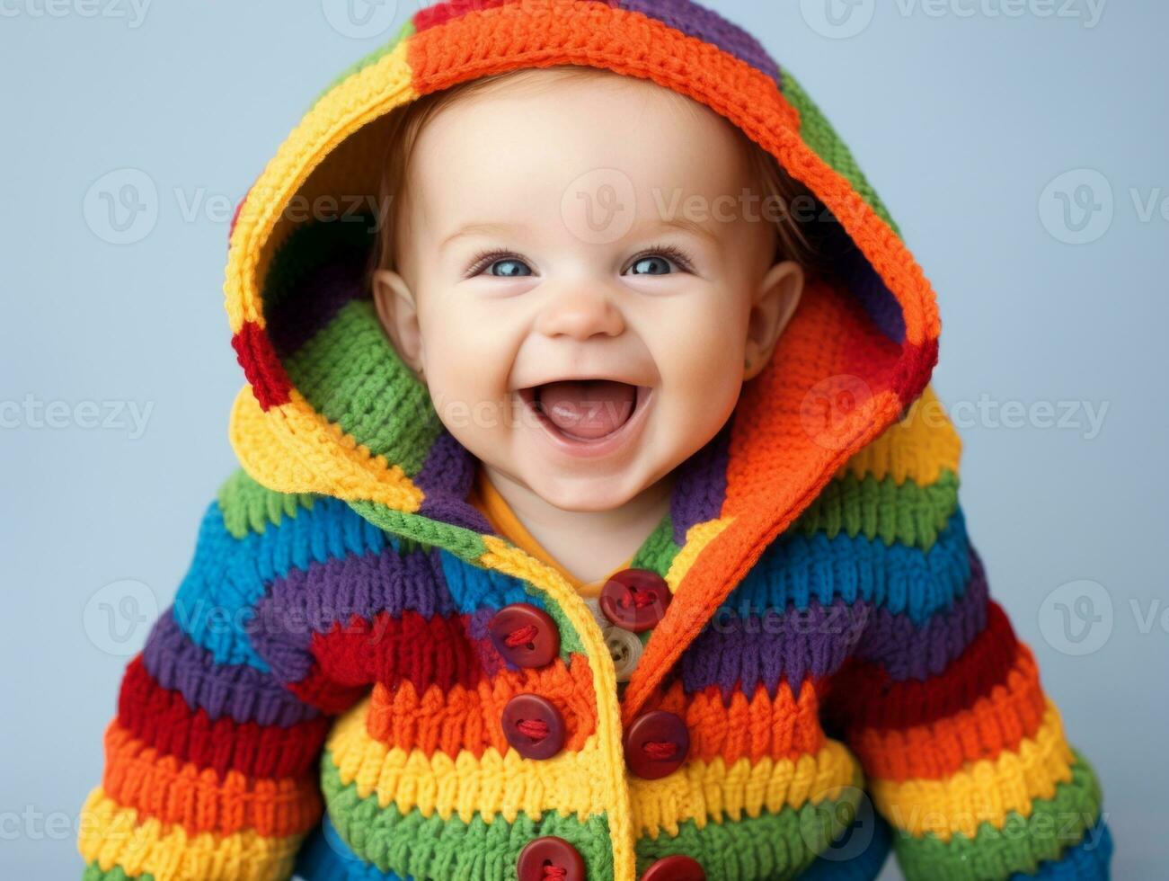 Adorable baby with vibrant clothing in a playful pose AI Generative photo