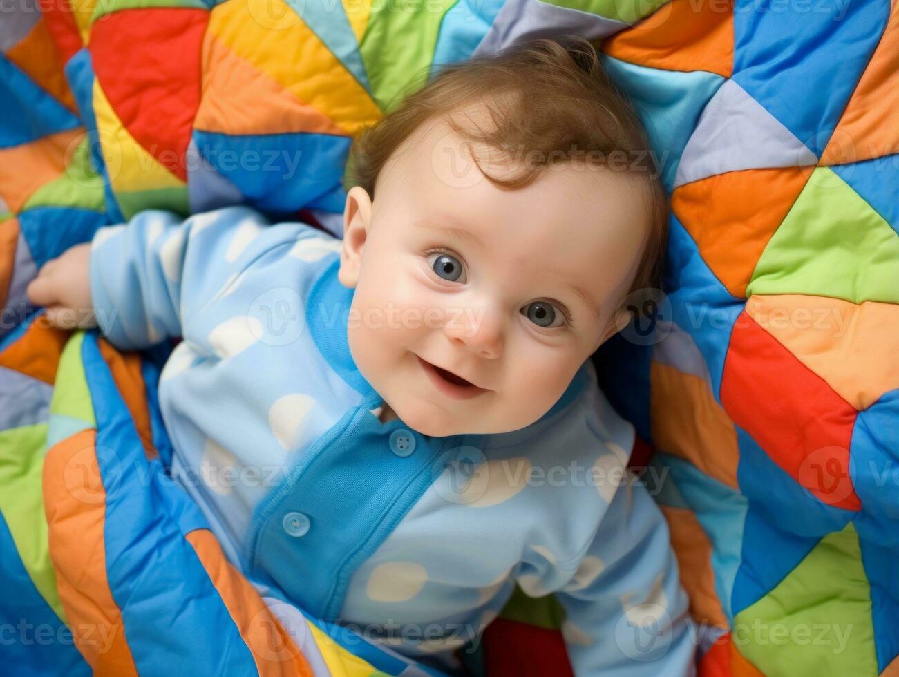 Adorable baby with vibrant clothing in a playful pose AI Generative photo
