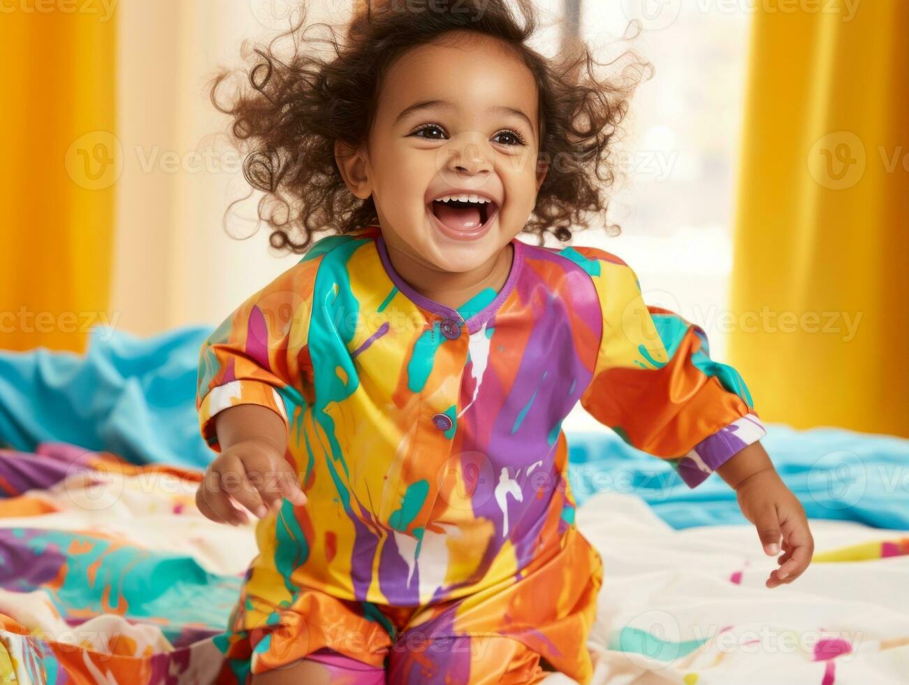 Adorable baby with vibrant clothing in a playful pose AI Generative photo