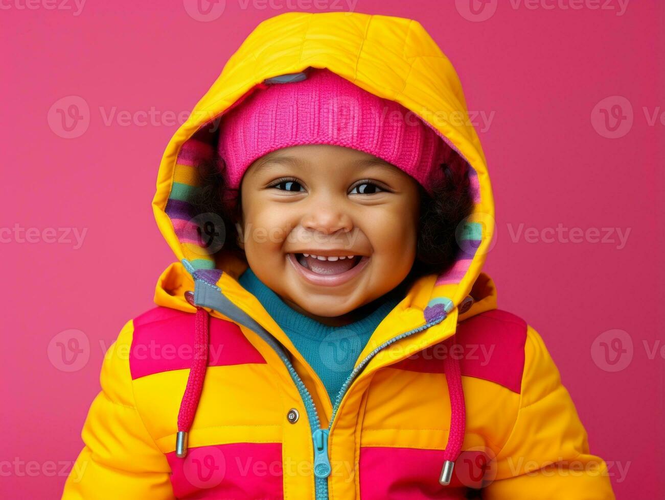 Adorable baby with vibrant clothing in a playful pose AI Generative photo