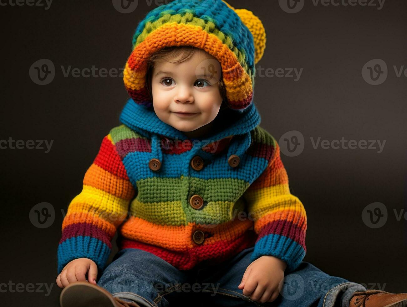 Adorable baby with vibrant clothing in a playful pose AI Generative photo