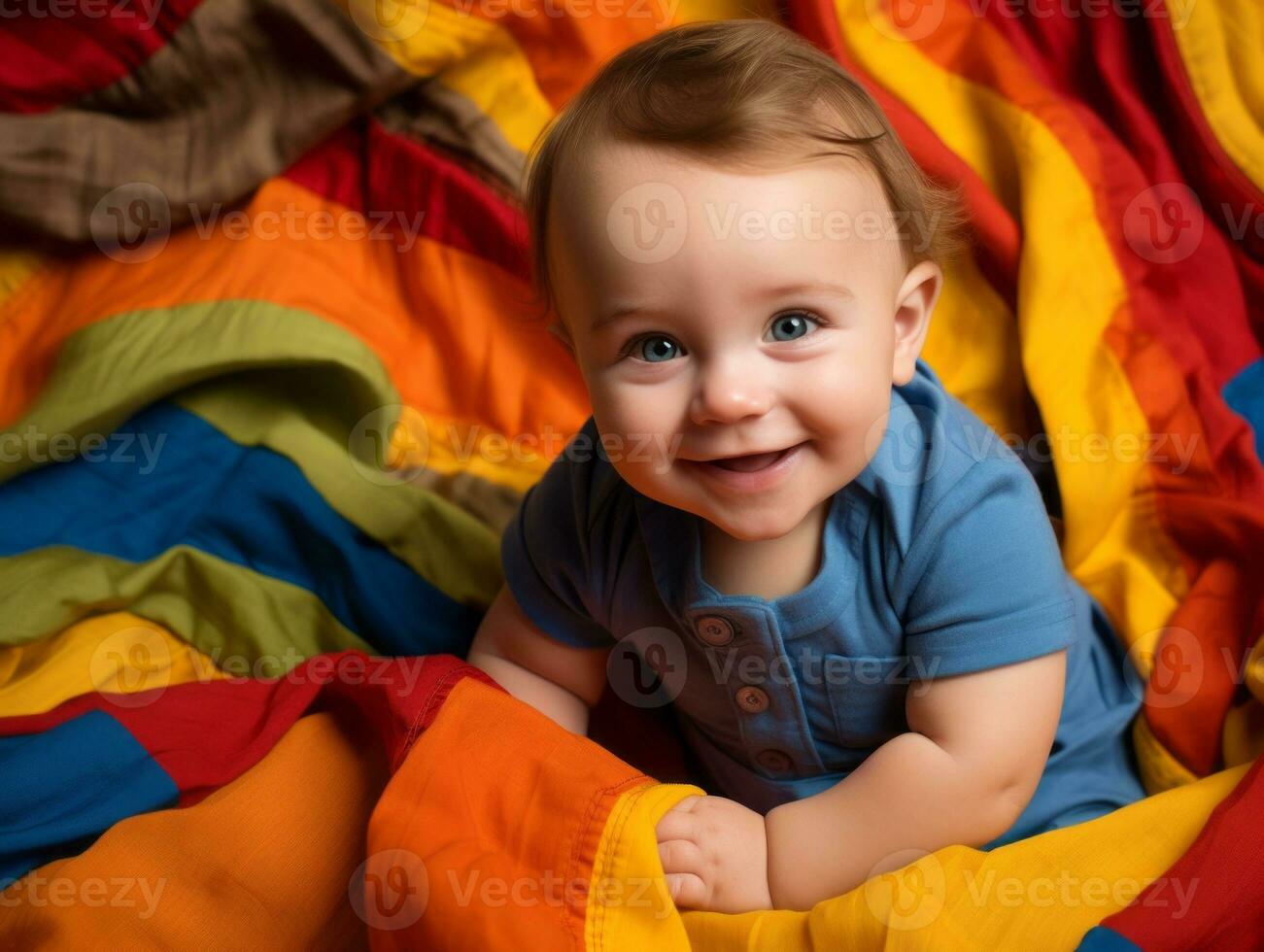 Adorable baby with vibrant clothing in a playful pose AI Generative photo